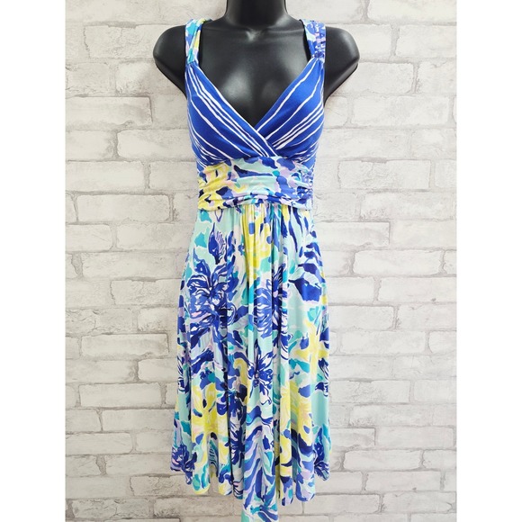 Lilly Pulitzer Dresses & Skirts - Lilly‎ Pulitzer XS Blue White Striped Floral Tropical V-Neck Cross Back Dress